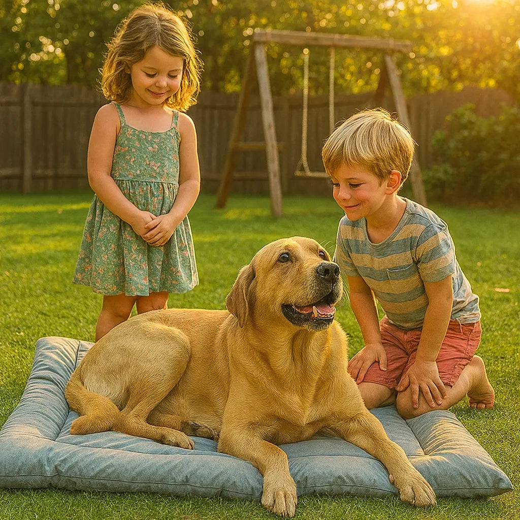 2 enfants prÚs de leur chien couché sur un coussin