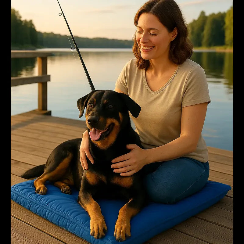 Une femme Ă la pĂȘche avec son chien couchĂ© sur un coussin