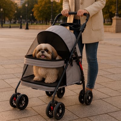 Femme poussant une poussette pour chien dans un parc urbain