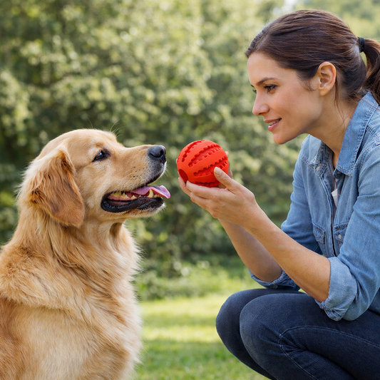 Chien avec son maître et la balle dentaire