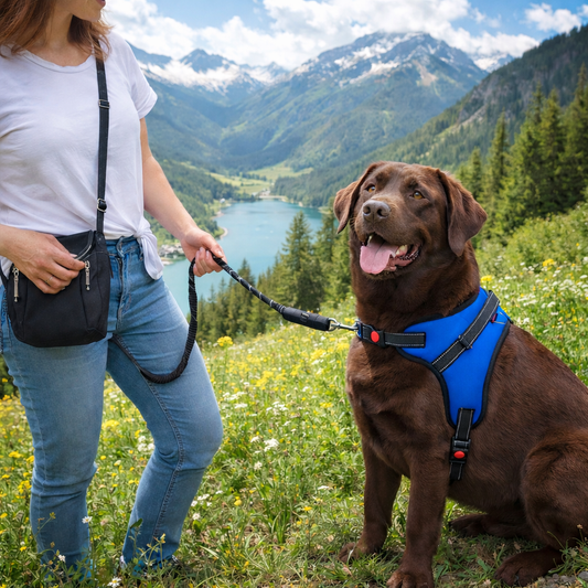 Labrador brun portant un harnais ergonomique bleu