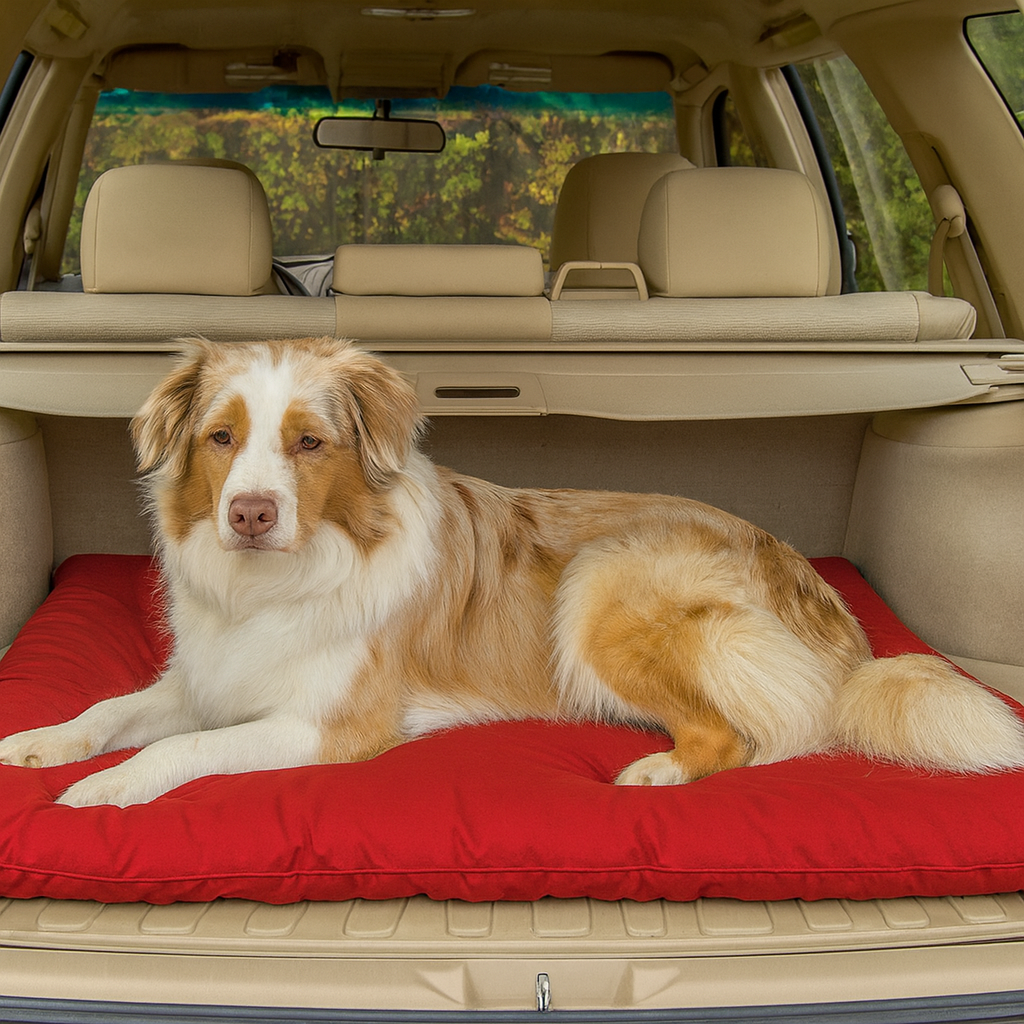 Un chien couché sur un coussin à l'arrière d'une voiture