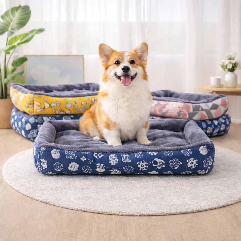 Lit pour chien confortable avec chien assis sur coussin