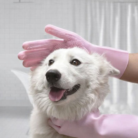 Gant de lavage pour chien en silicone avec picots souples, parfait pour bain, toilettage et retrait des poils sur pelage dense.