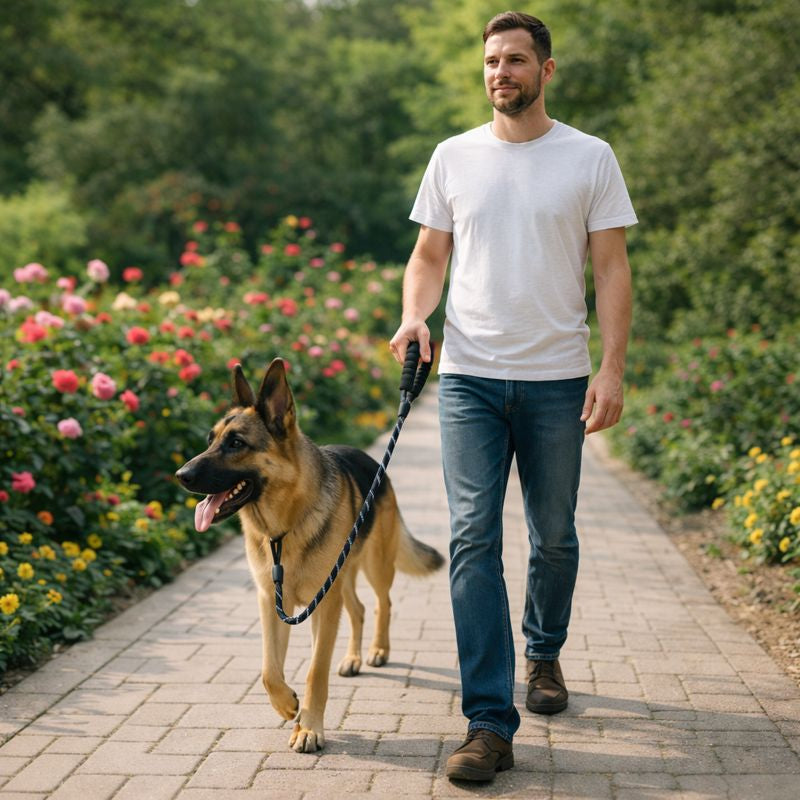 Promenade avec chien équipé d’une laisse solide.