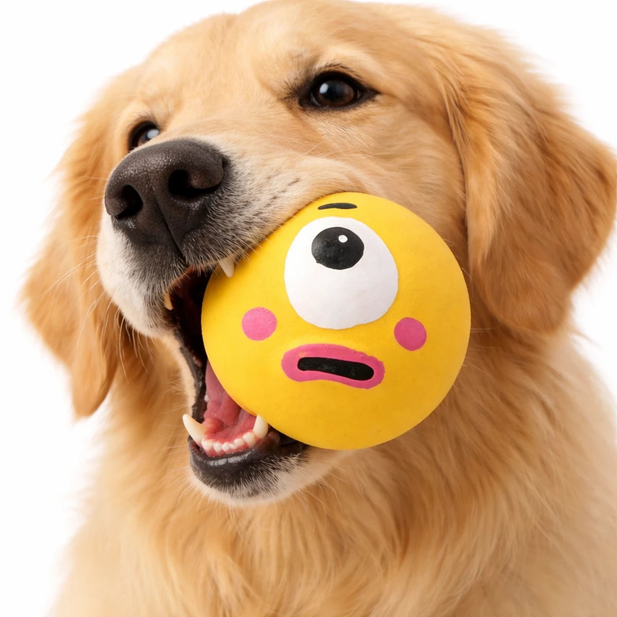 Golden Retriever jouant avec une balle anti-stress jaune pour chien sur fond blanc