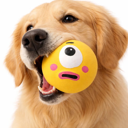 Golden Retriever jouant avec une balle anti-stress jaune pour chien sur fond blanc