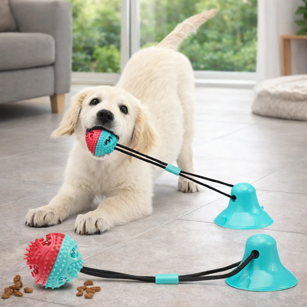 Chiot jouant avec une balle pour chien à ventouse