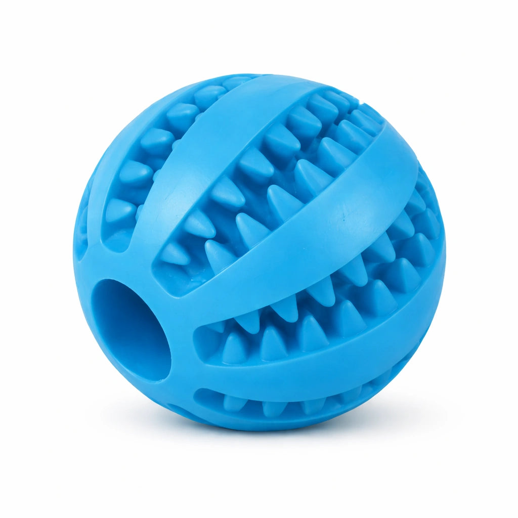 Balle dentaire pour chien bleue en caoutchouc souple avec reliefs nettoyants