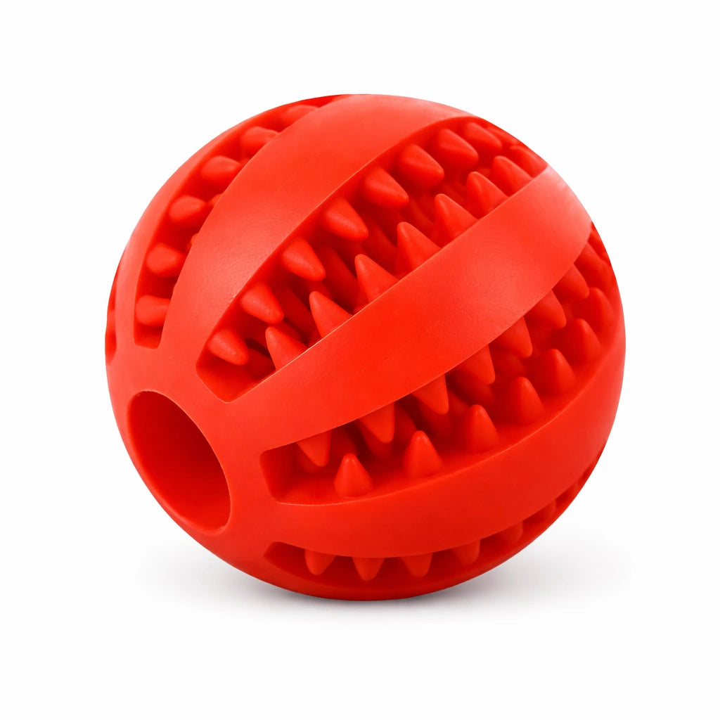 Balle dentaire pour chien rouge avec surface texturée pour l’hygiène dentaire