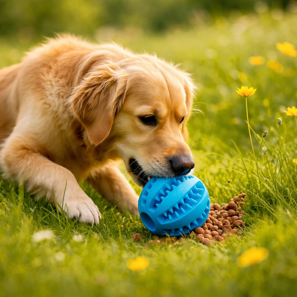 Chien jouant avec une balle interactive à friandises pour stimulation mentale en extérieur