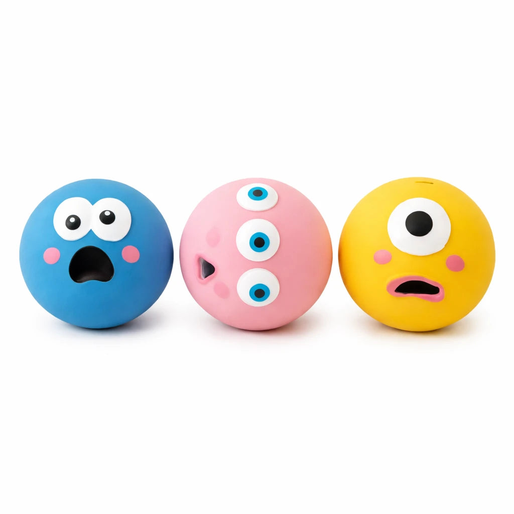 3 balles anti-stress pour chien en caoutchouc souples, jouets colorés bleu rose et jaune. 
