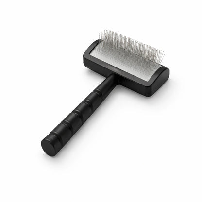 Brosse de toilettage auto-nettoyante noire pour chien, peigne incurvé avec picots métalliques, adaptée aux chiens à poils longs et épais