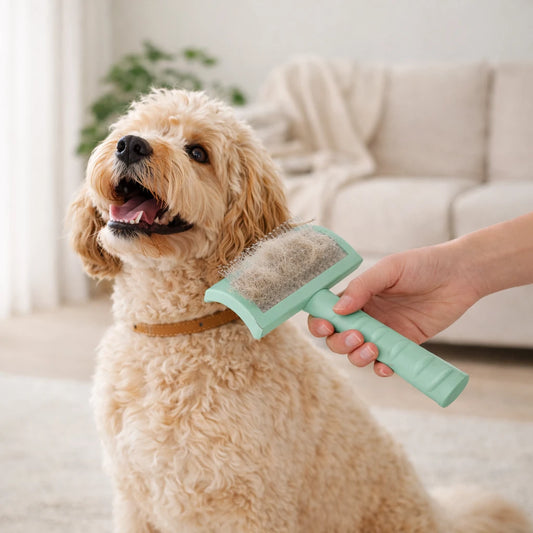 Brosse de toilettage auto-nettoyante pour chien avec poils retirés, utilisée sur un chien de taille moyenne