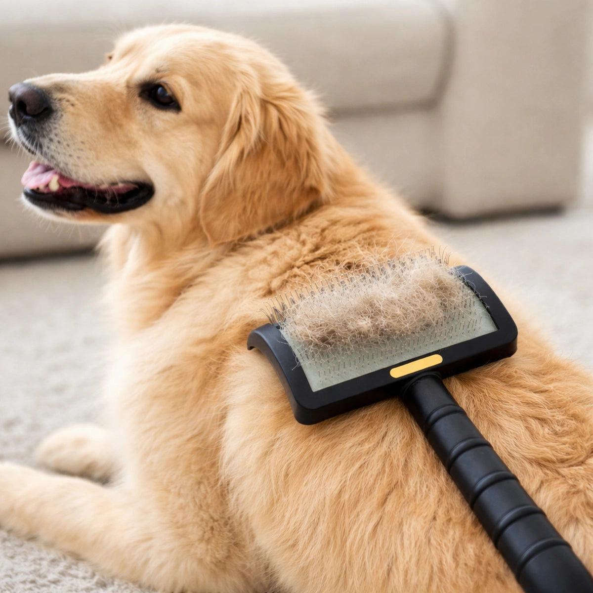 Brosse de toilettage auto-nettoyante pour chien utilisée sur pelage long

