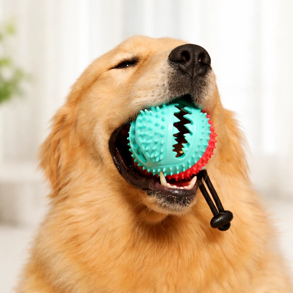 Chien jouant avec une balle à ventouse masticatoire en caoutchouc