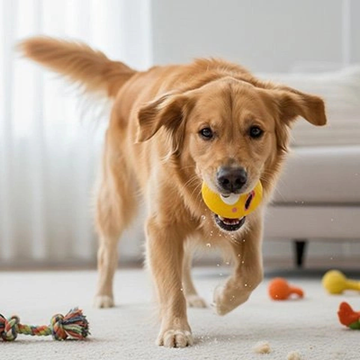 Chien jouant avec une balle anti-stress à l’intérieur, jouet ludique et résistant