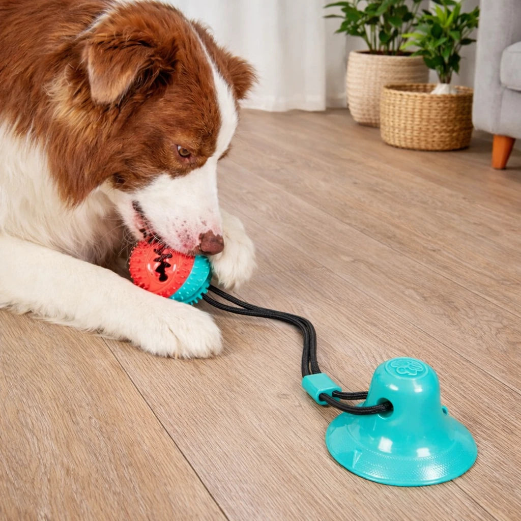 Chien jouant avec une balle pour chien à ventouse fixée sur sol dur