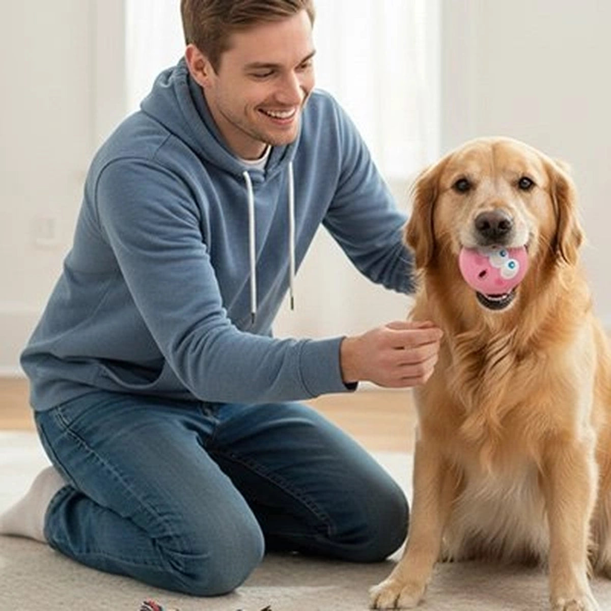 Chien avec son maître jouant avec une balle anti-stress pour chien