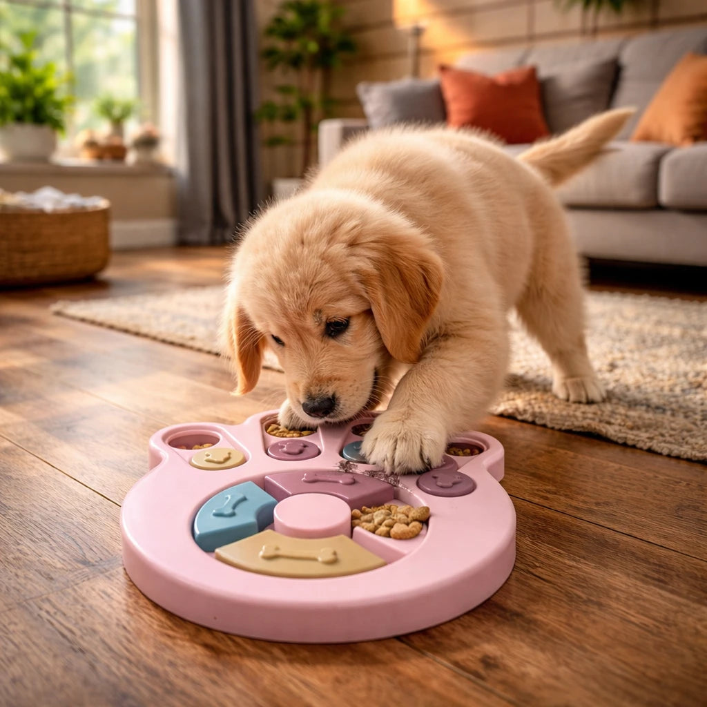 Chien utilisant une mangeoire interactive en forme de patte pour manger ses croquettes et stimuler son intelligence