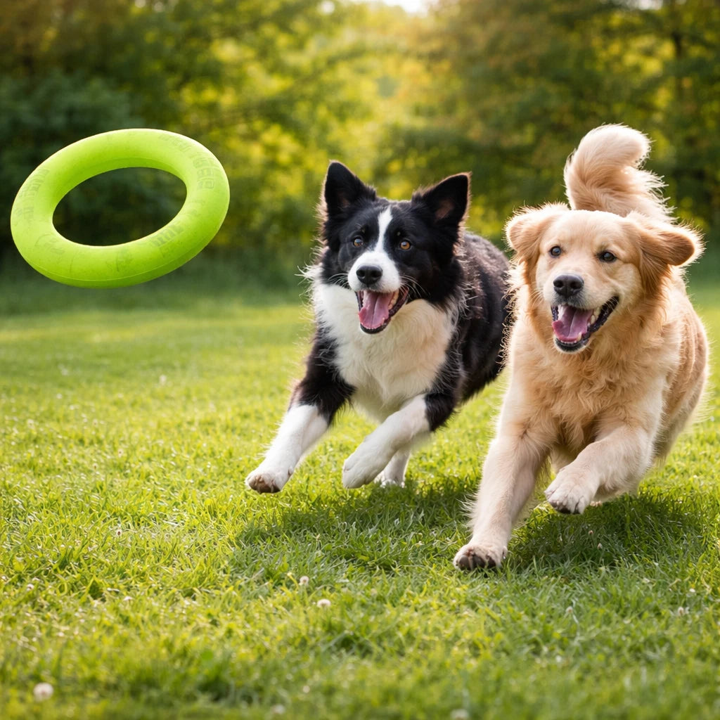 Deux chiens courant après un anneau de traction vert.