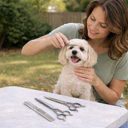 Maitresse toilettant son chien avec des ciseaux de toilettage professionnels dans une arrière-cour
