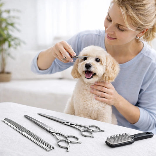 Maitresse toilettant son chien à la maison avec des ciseaux de toilettage professionnels pour chien et un peigne