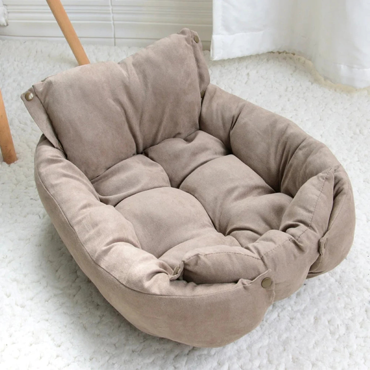 Coussin pour chien beige avec rebords épais et dossier, posé sur un tapis clair dans un salon