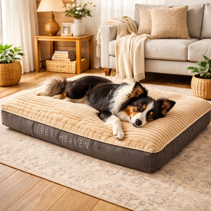 Chien allongé confortablement sur un coussin moelleux dans un salon chaleureux.