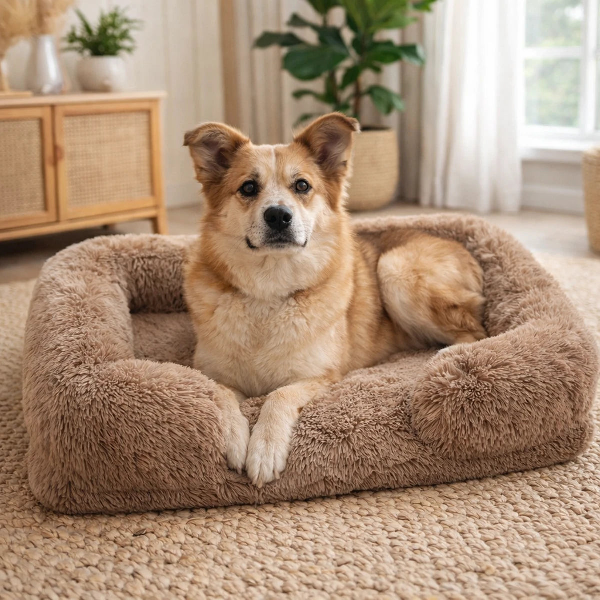 Chien moyen couché dans un coussin pour chien sur tapis tressé beige.
