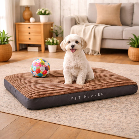 Coussin pour chien plat en velours côtelé avec petit chien assis dans un salon lumineux