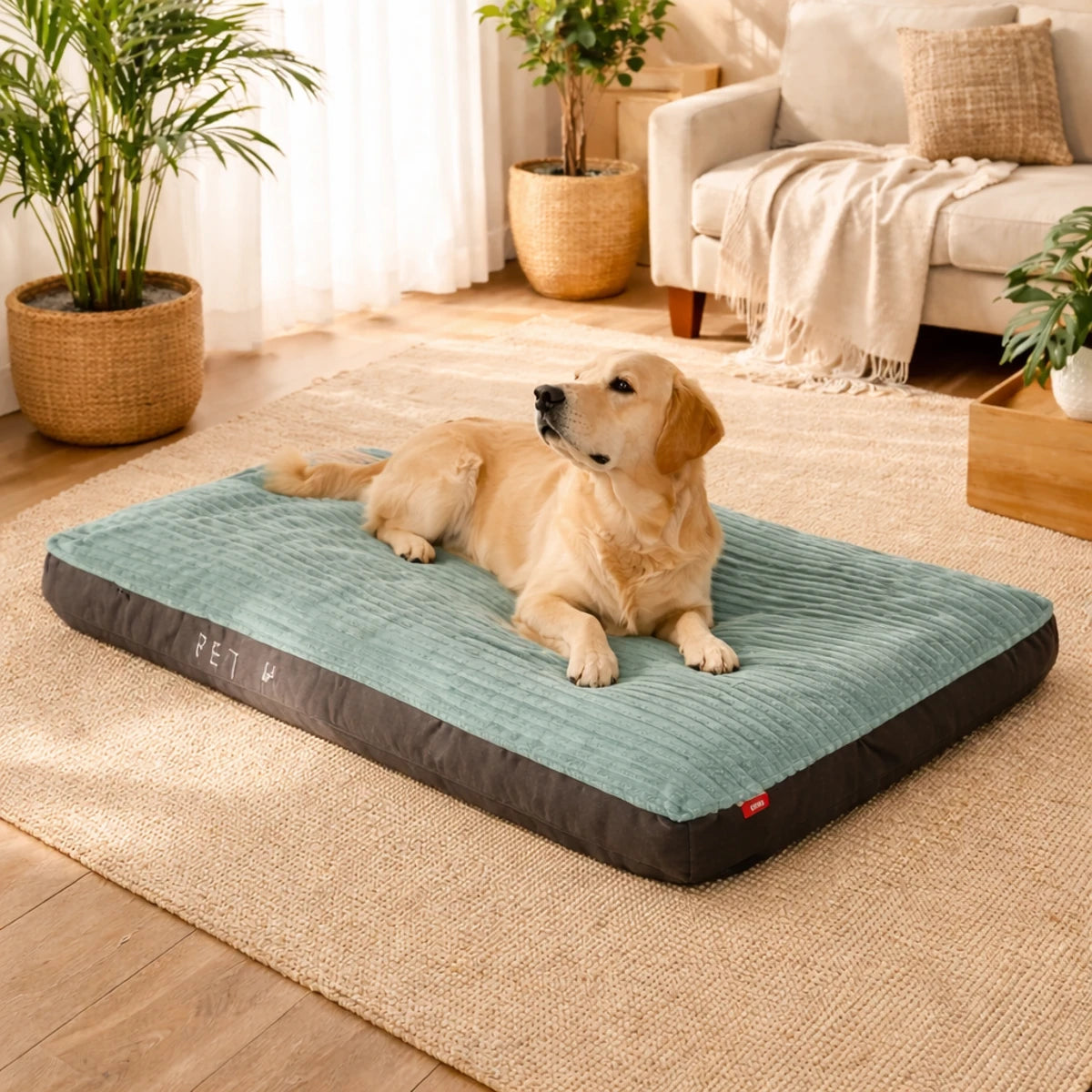 Coussin rectangulaire pour chien avec soutien confortable dans un salon lumineux