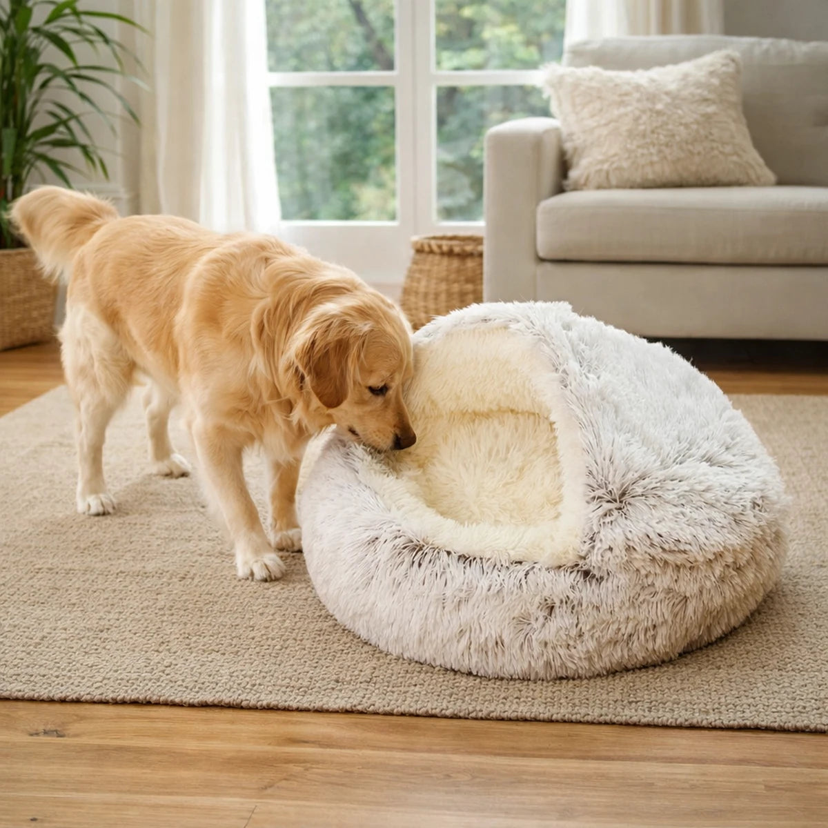 Chien s’approchant d’un coussin niche douillet et moelleux pour chien dans un salon chaleureux