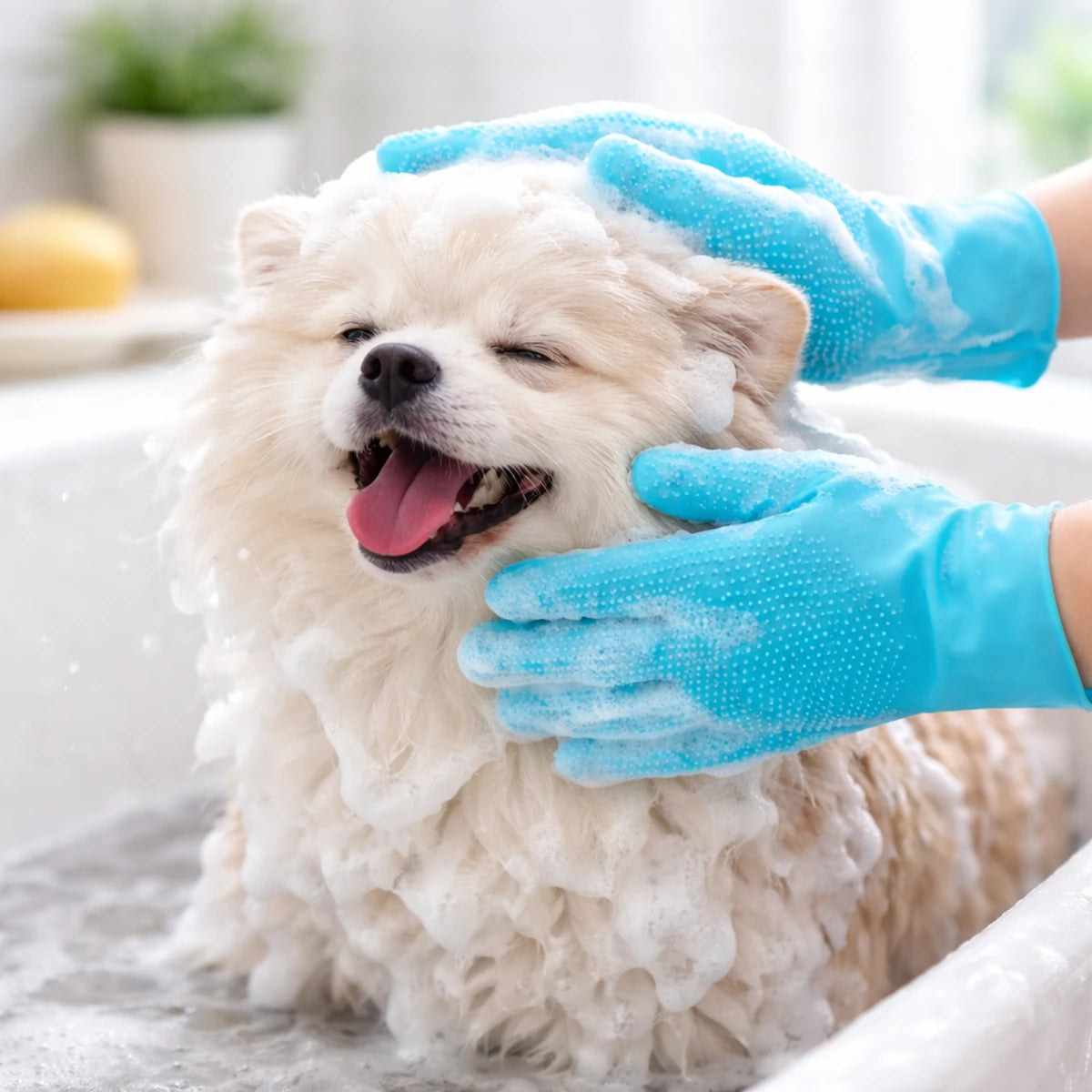 Petit chien lavé avec des gants de toilettage en silicone lors du bain
