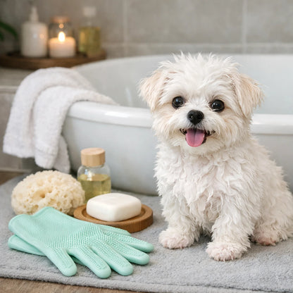Gants de toilettage en silicone pour chien posés près du bain avec petit chien propre et bien lavé