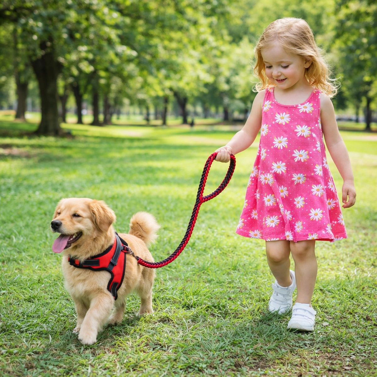 Petit chien portant un harnais rouge ergonomique en promenade dans un parc avec une petite fille, confort et sécurité pour balade quotidienne