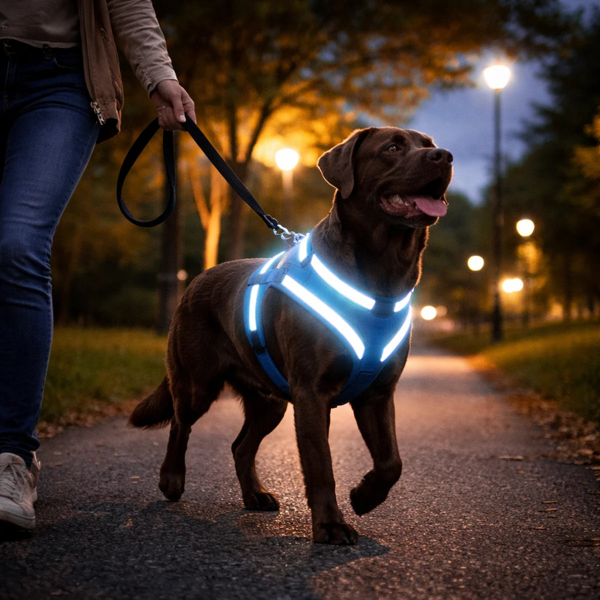 Harnais pour chien réfléchissant lors d’une promenade nocturne en milieu urbain