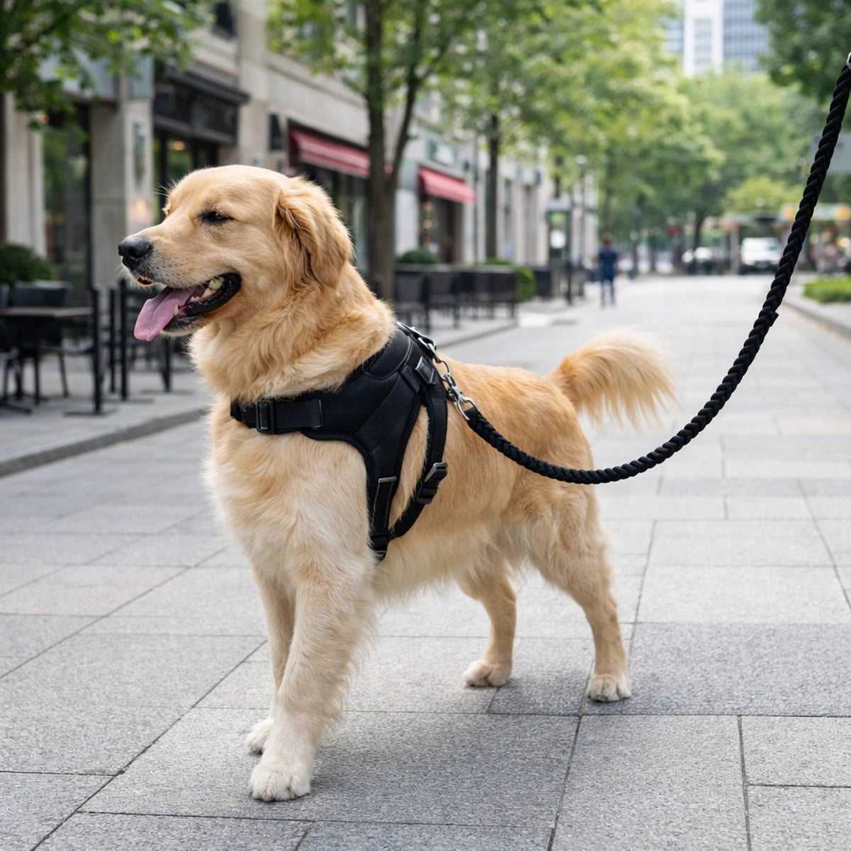 Chien de taille moyenne portant un harnais noir ergonomique en promenade urbaine