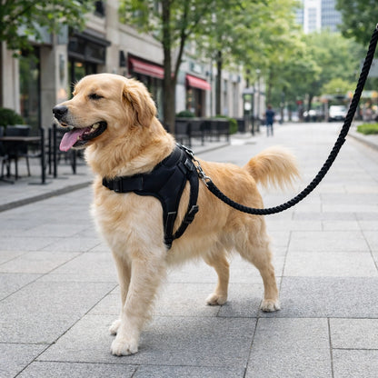 Chien de taille moyenne portant un harnais noir ergonomique en promenade urbaine