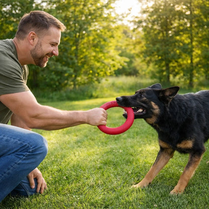 Maître jouant avec son chien à l’aide d’un anneau de traction rouge, jouet interactif pour chien en extérieur
