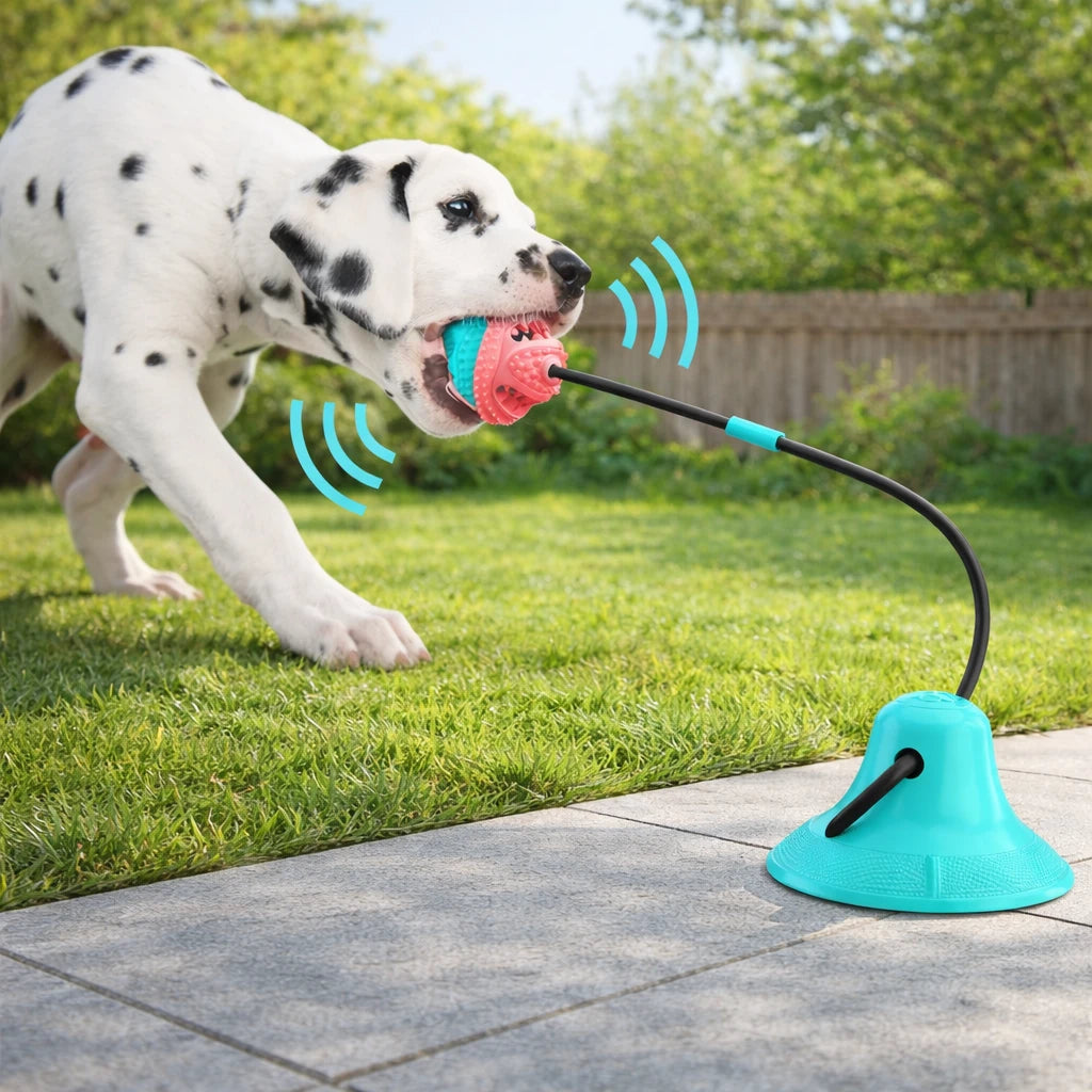 Chien dalmatien jouant avec une balle pour chien à ventouse fixée au sol dans un jardin