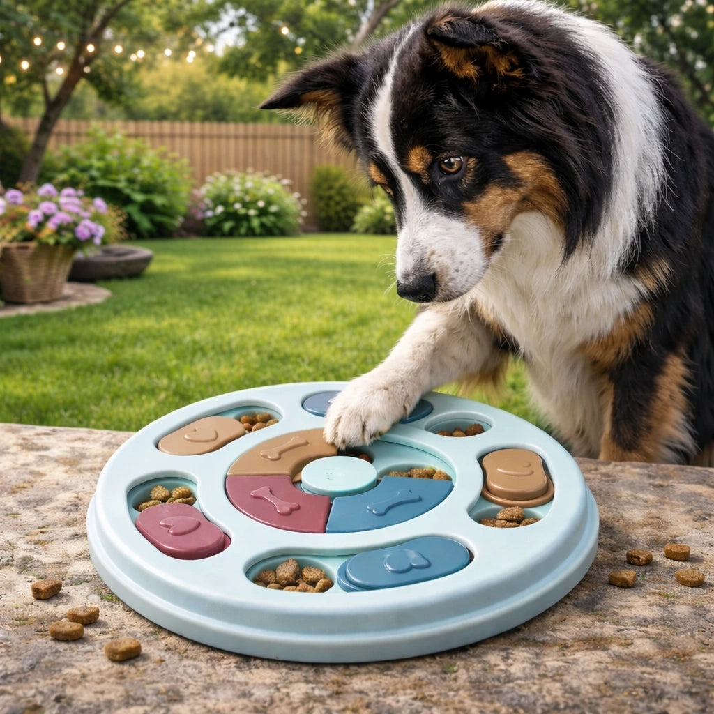 Chien jouant avec un jouet puzzle interactif distributeur de croquettes dans une arrière-cour