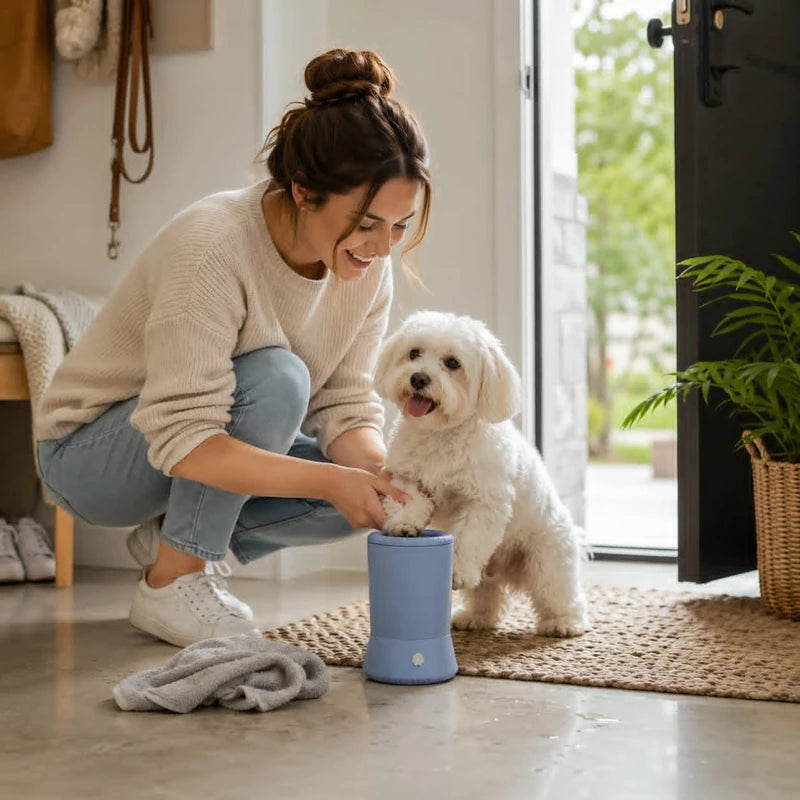 Femme nettoyant la patte de son petit chien avec un lave-patte automatique bleu à l'entrée de la maison.