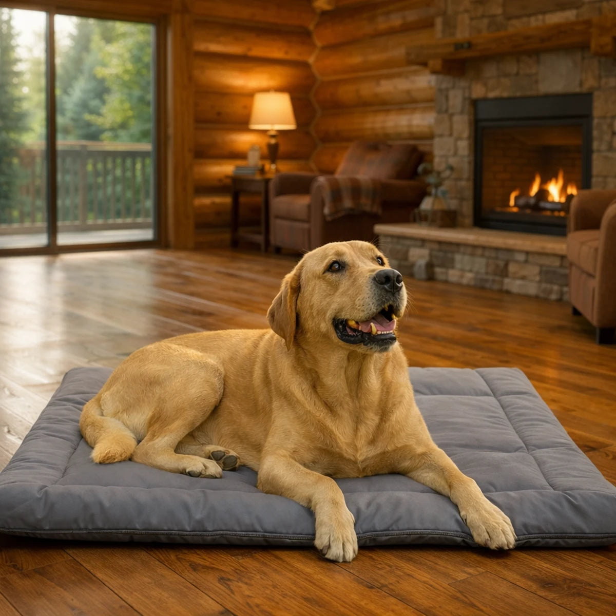 Lit de camp pour chien avec coussin gris confortable dans un chalet