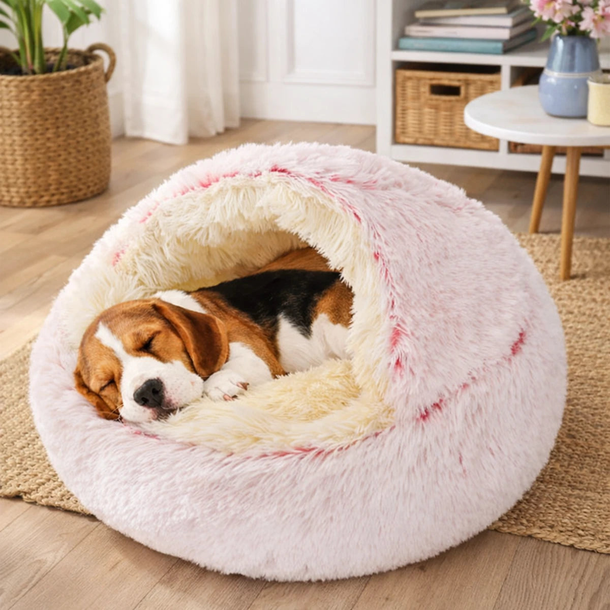 Lit donut pour chien en peluche rose avec chien endormi à l’intérieur dans un décor intérieur.
