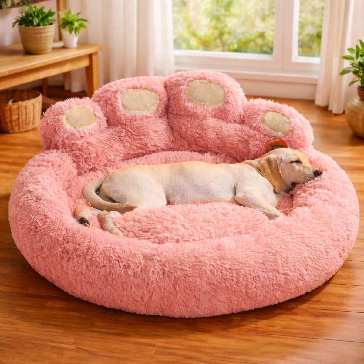Chien dormant sur coussin patte rose en peluche, lit confortable pour chien