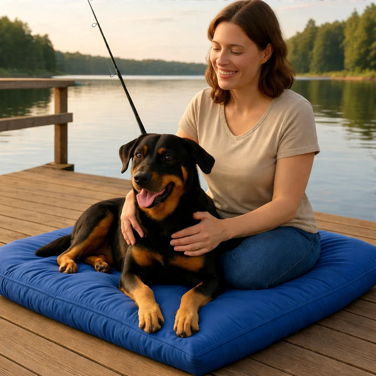 Chien allongé sur un lit de camp bleu en extérieur avec sa propriétaire au bord d’un lac