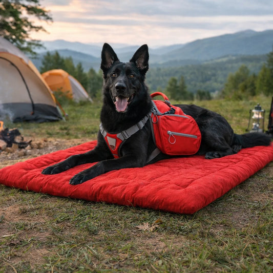 Lit de camp pour chien rouge utilisé en camping extérieur