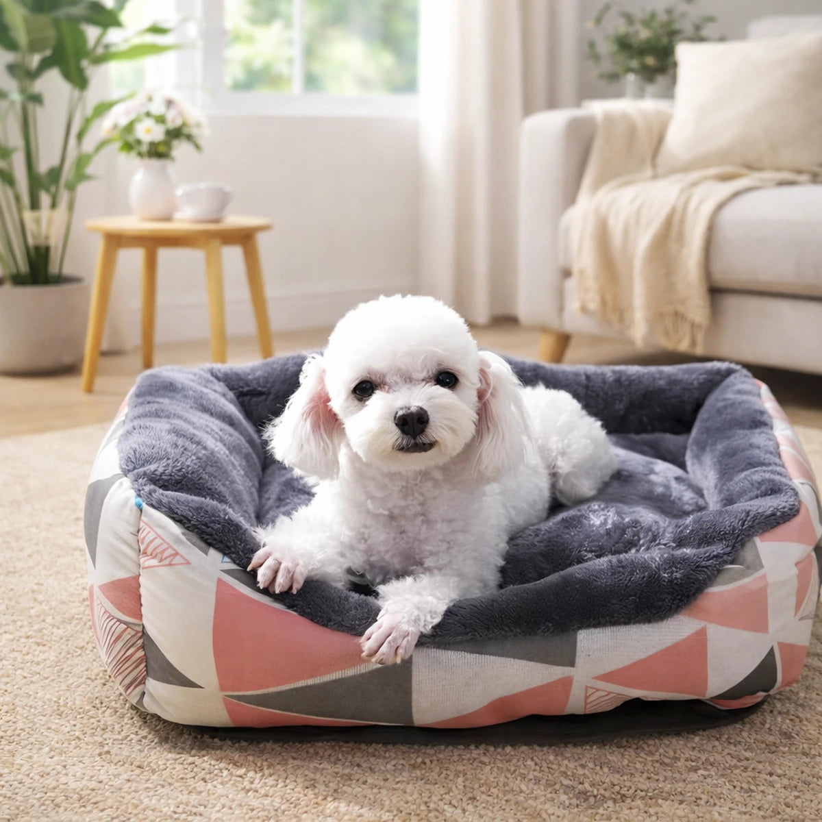 Petit chien blanc allongé sur lit pour chien confortable
