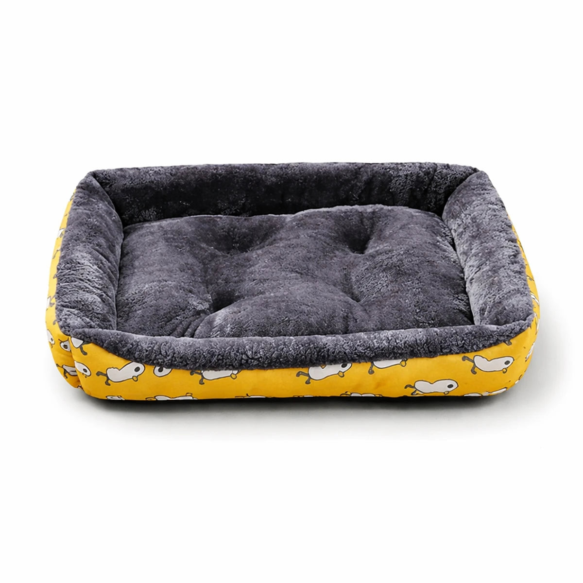 Lit rectangulaire pour chien en velours doux gris avec rebords épais, extérieur jaune à motifs.